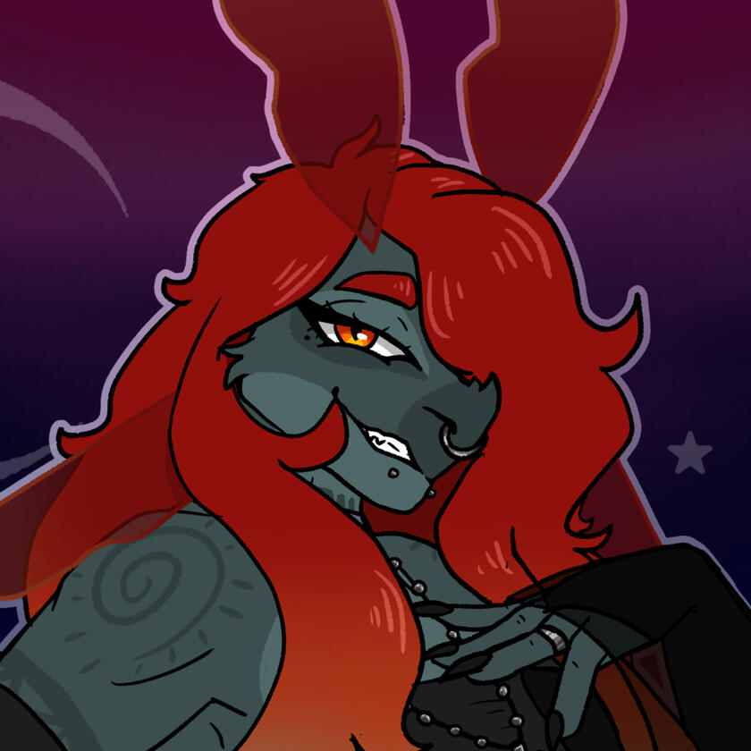 A bust drawing of a blue-hued anthro sea dragon with long red to orange to cyan hair. He has a hand on his chest and a confident smile that shows a little of his sharp teeth he has multiple facial piercings, such as a septum ring and snake bites. He wears